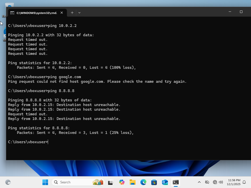 Ping default gateway showing loss